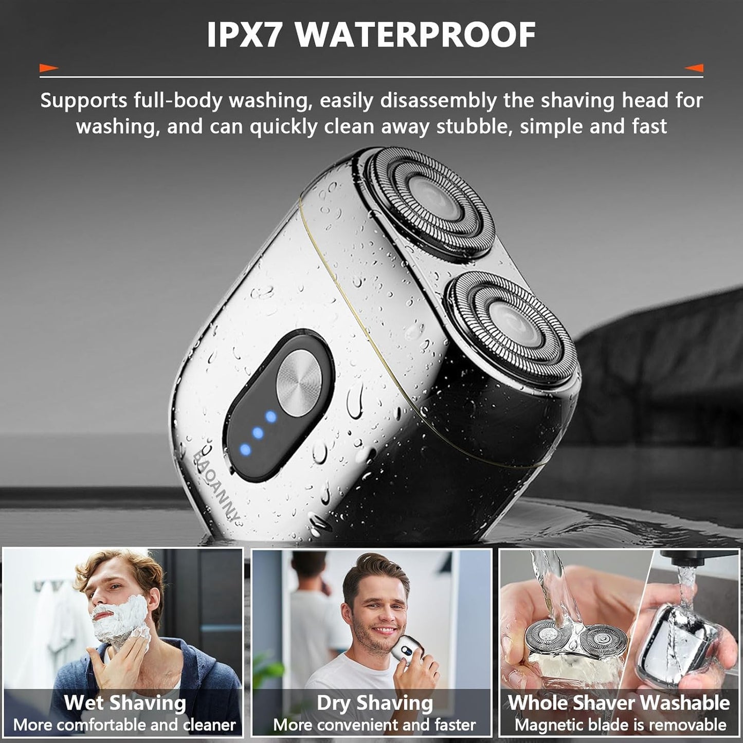 Portable Rotary Shaver, Mini Electric Razor for Men, Waterproof Cordless Design